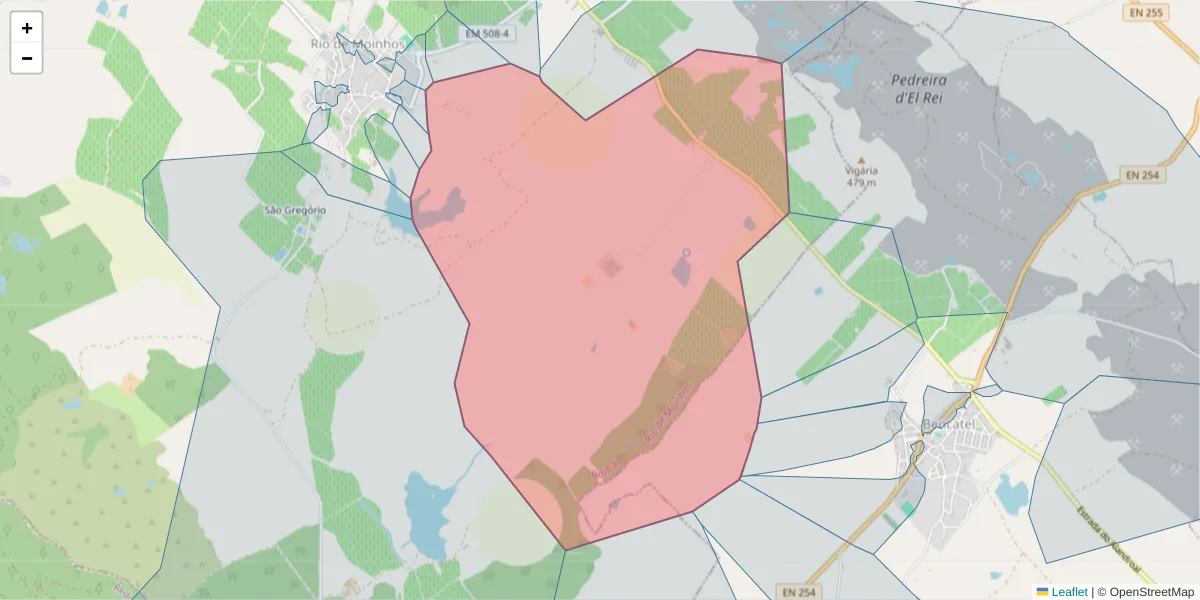 Mapa detalhado do código postal 7150-337 com limites, códigos postais vizinhos e agências dos correios