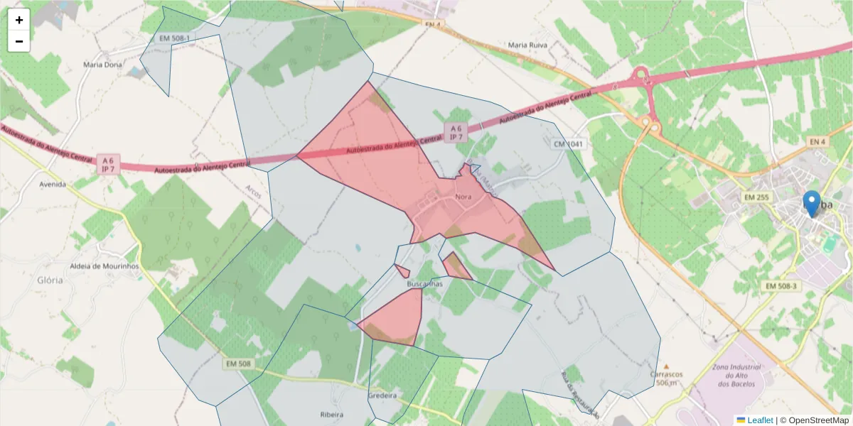 Mapa detalhado do código postal 7150-344 com limites, códigos postais vizinhos e agências dos correios