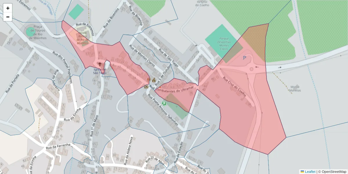 Mapa detalhado do código postal 7150-363 com limites, códigos postais vizinhos e agências dos correios
