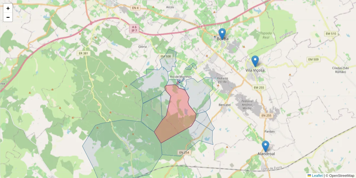 Mapa detalhado do código postal 7150-390 com limites, códigos postais vizinhos e agências dos correios