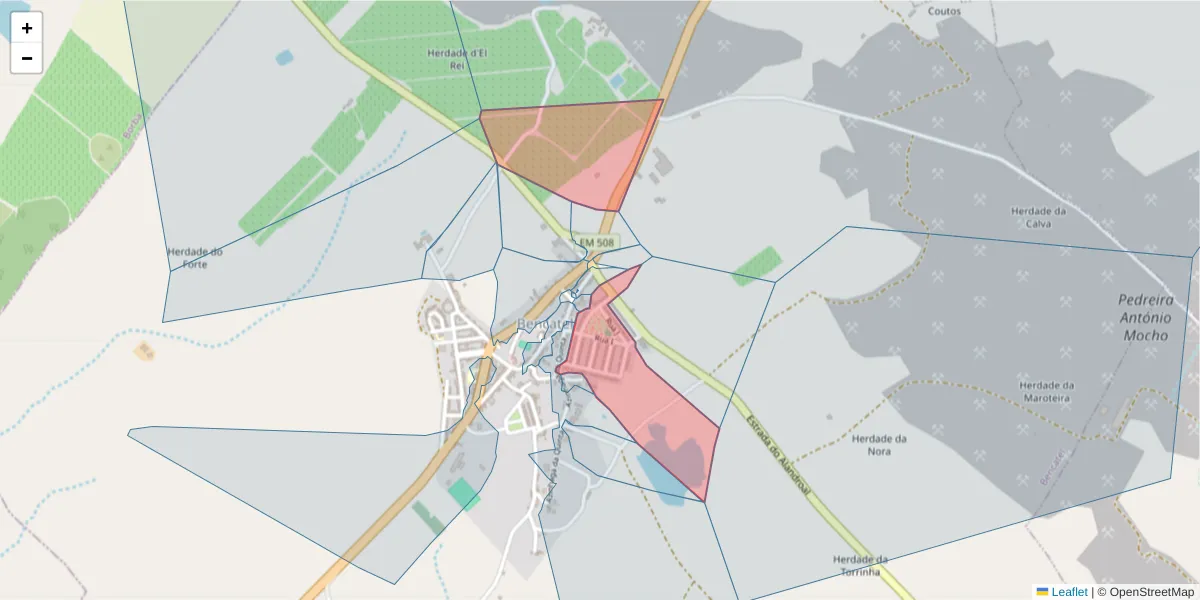 Mapa detalhado do código postal 7160-010 com limites, códigos postais vizinhos e agências dos correios