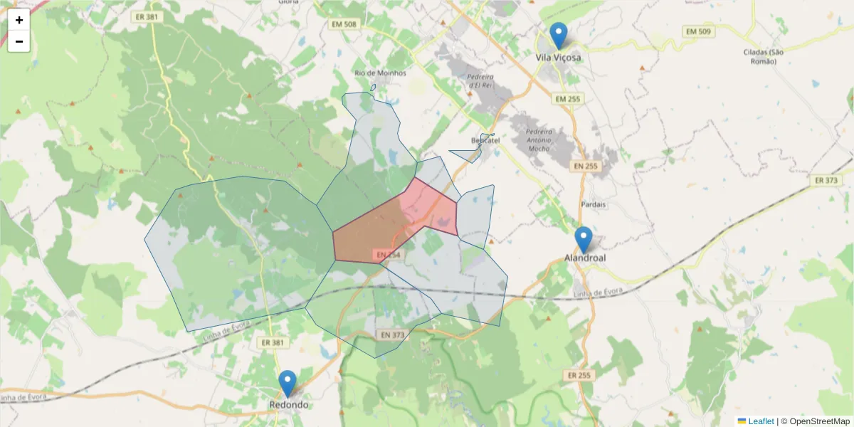 Mapa detalhado do código postal 7160-016 com limites, códigos postais vizinhos e agências dos correios