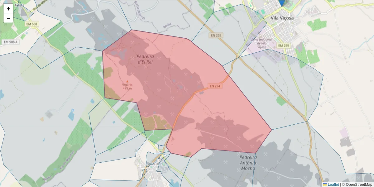 Mapa detalhado do código postal 7160-018 com limites, códigos postais vizinhos e agências dos correios