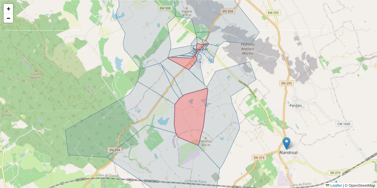 Mapa detalhado do código postal 7160-050 com limites, códigos postais vizinhos e agências dos correios
