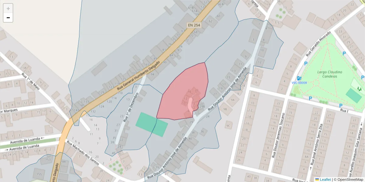 Mapa detalhado do código postal 7160-054 com limites, códigos postais vizinhos e agências dos correios