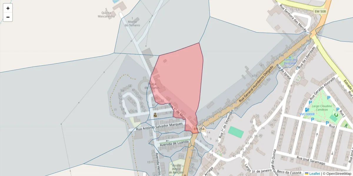 Mapa detalhado do código postal 7160-062 com limites, códigos postais vizinhos e agências dos correios