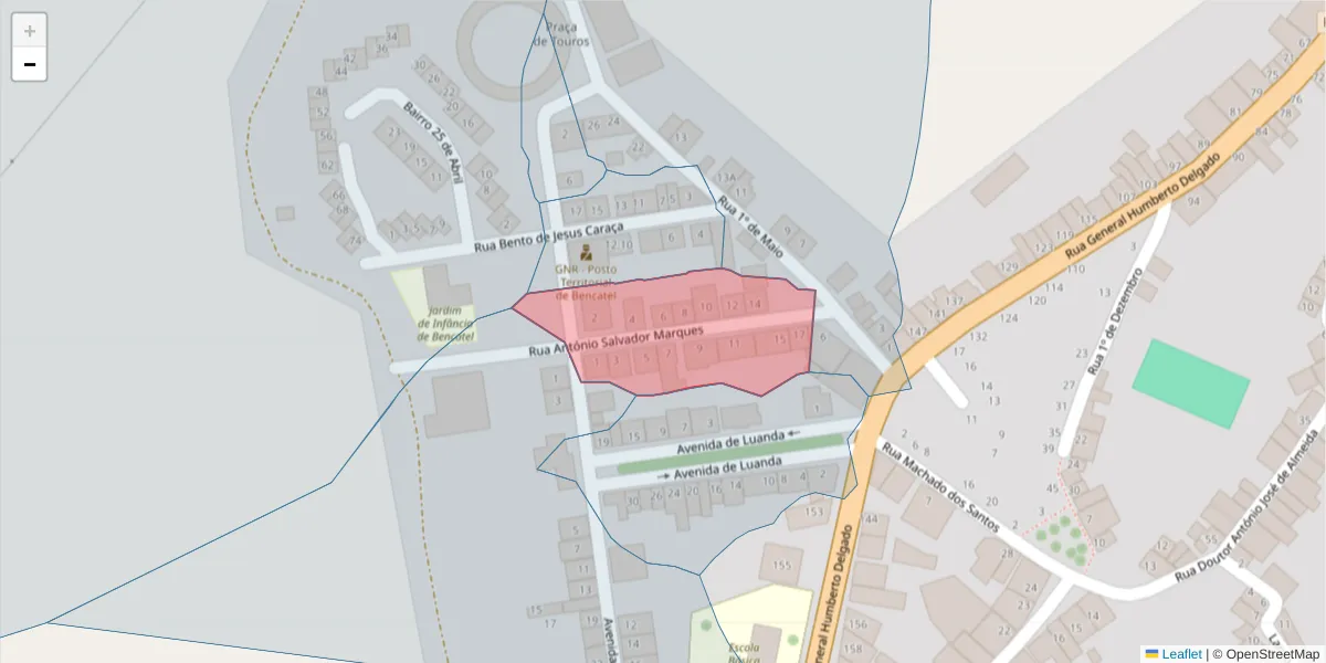 Mapa detalhado do código postal 7160-076 com limites, códigos postais vizinhos e agências dos correios