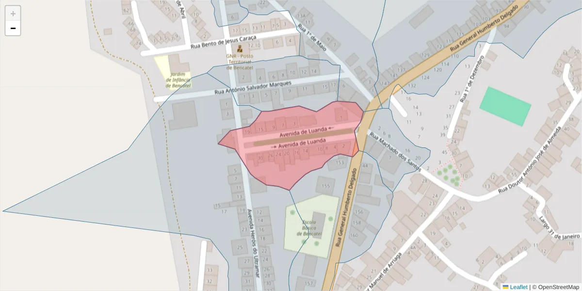 Mapa detalhado do código postal 7160-077 com limites, códigos postais vizinhos e agências dos correios