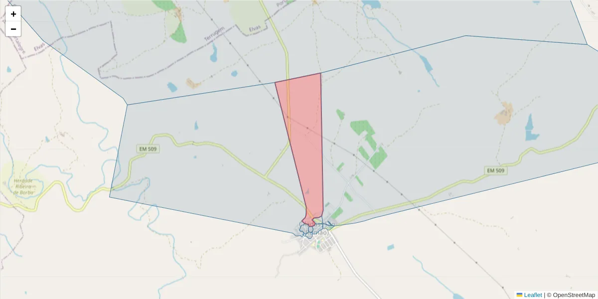 Mapa detalhado do código postal 7160-121 com limites, códigos postais vizinhos e agências dos correios