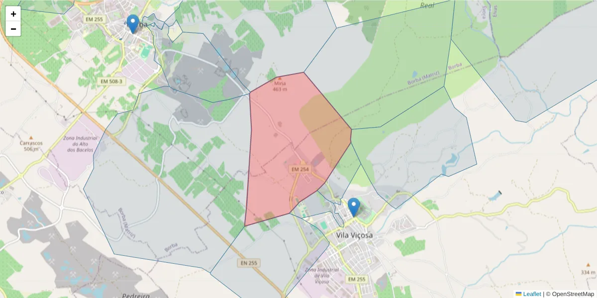 Mapa detalhado do código postal 7160-204 com limites, códigos postais vizinhos e agências dos correios