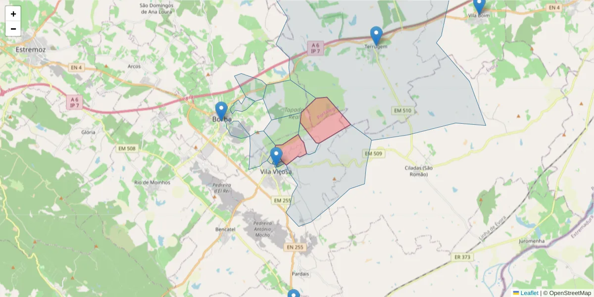 Mapa detalhado do código postal 7160-208 com limites, códigos postais vizinhos e agências dos correios