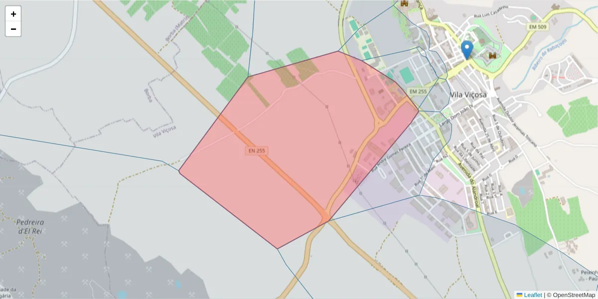 Mapa detalhado do código postal 7160-217 com limites, códigos postais vizinhos e agências dos correios