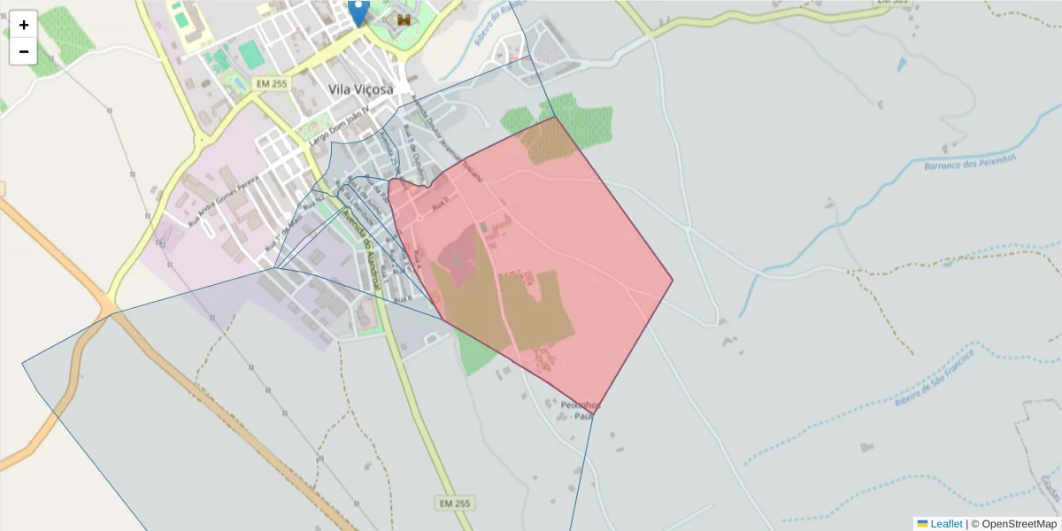 Mapa detalhado do código postal 7160-220 com limites, códigos postais vizinhos e agências dos correios