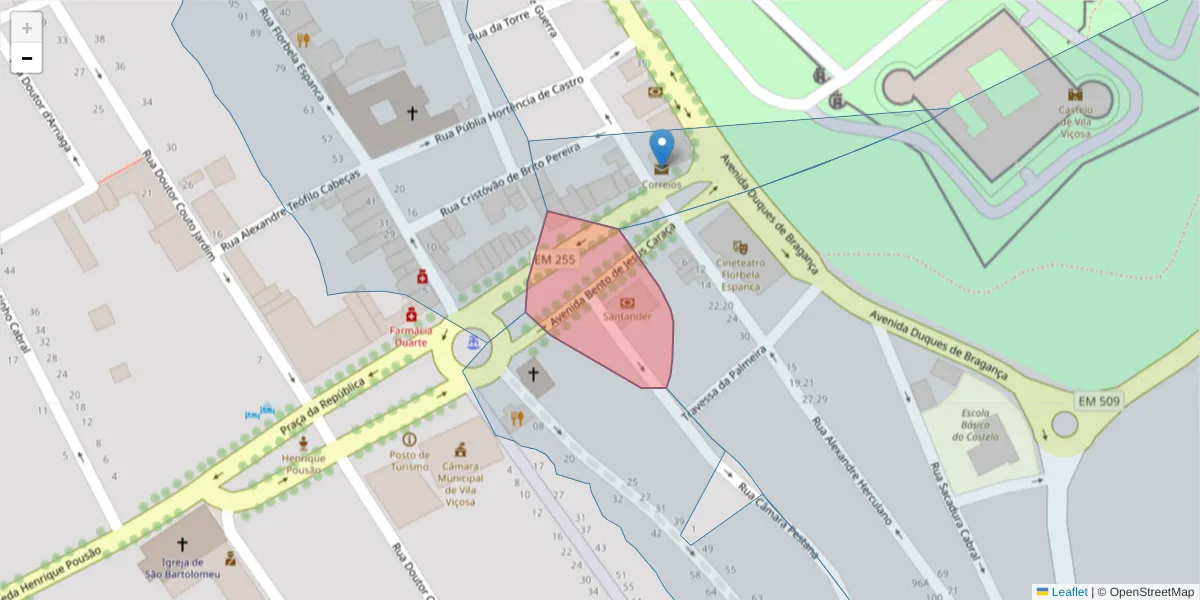 Mapa detalhado do código postal 7160-253 com limites, códigos postais vizinhos e agências dos correios