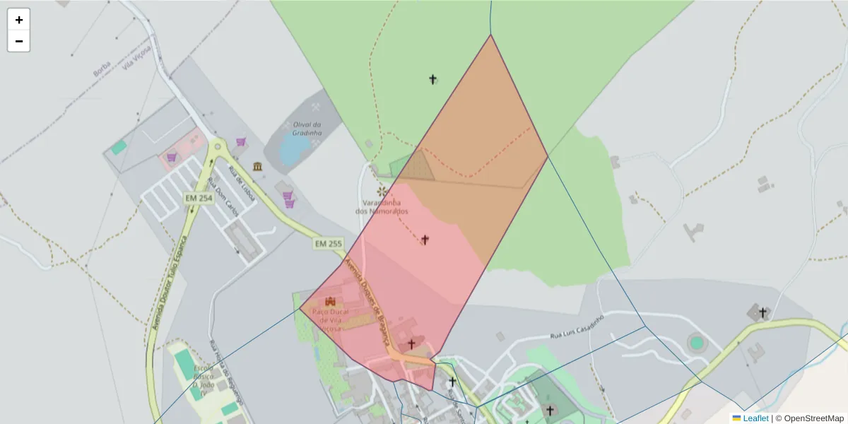 Mapa detalhado do código postal 7160-255 com limites, códigos postais vizinhos e agências dos correios
