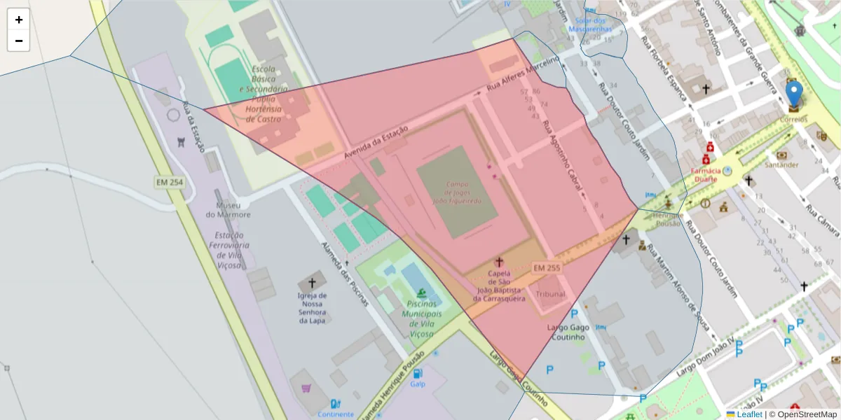 Mapa detalhado do código postal 7160-267 com limites, códigos postais vizinhos e agências dos correios