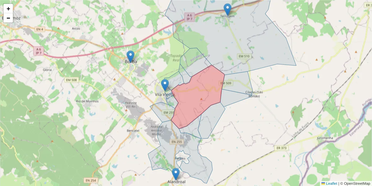 Mapa detalhado do código postal 7160-293 com limites, códigos postais vizinhos e agências dos correios