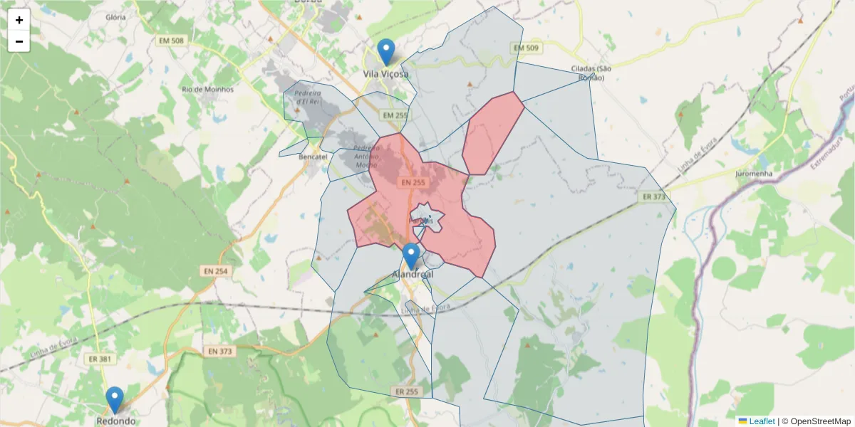 Mapa detalhado do código postal 7160-363 com limites, códigos postais vizinhos e agências dos correios