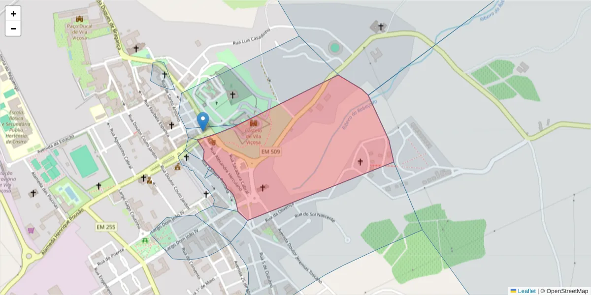 Mapa detalhado do código postal 7160-367 com limites, códigos postais vizinhos e agências dos correios