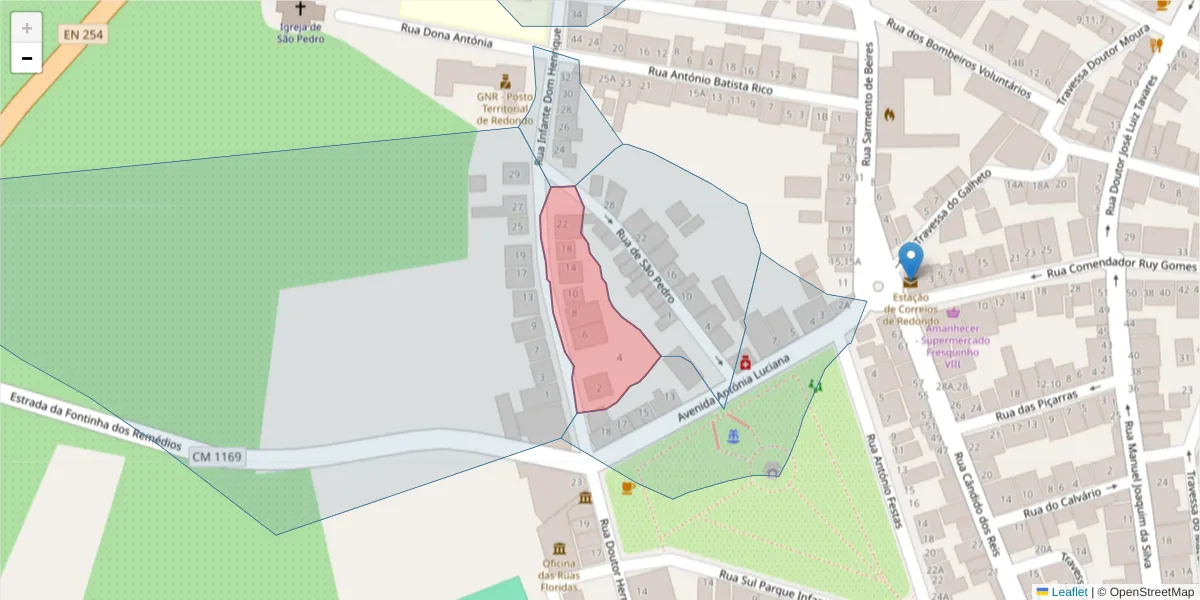 Mapa detalhado do código postal 7170-005 com limites, códigos postais vizinhos e agências dos correios