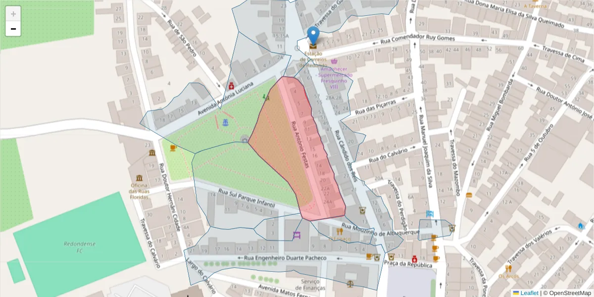 Mapa detalhado do código postal 7170-010 com limites, códigos postais vizinhos e agências dos correios