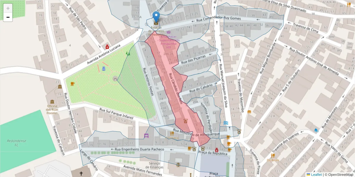 Mapa detalhado do código postal 7170-012 com limites, códigos postais vizinhos e agências dos correios