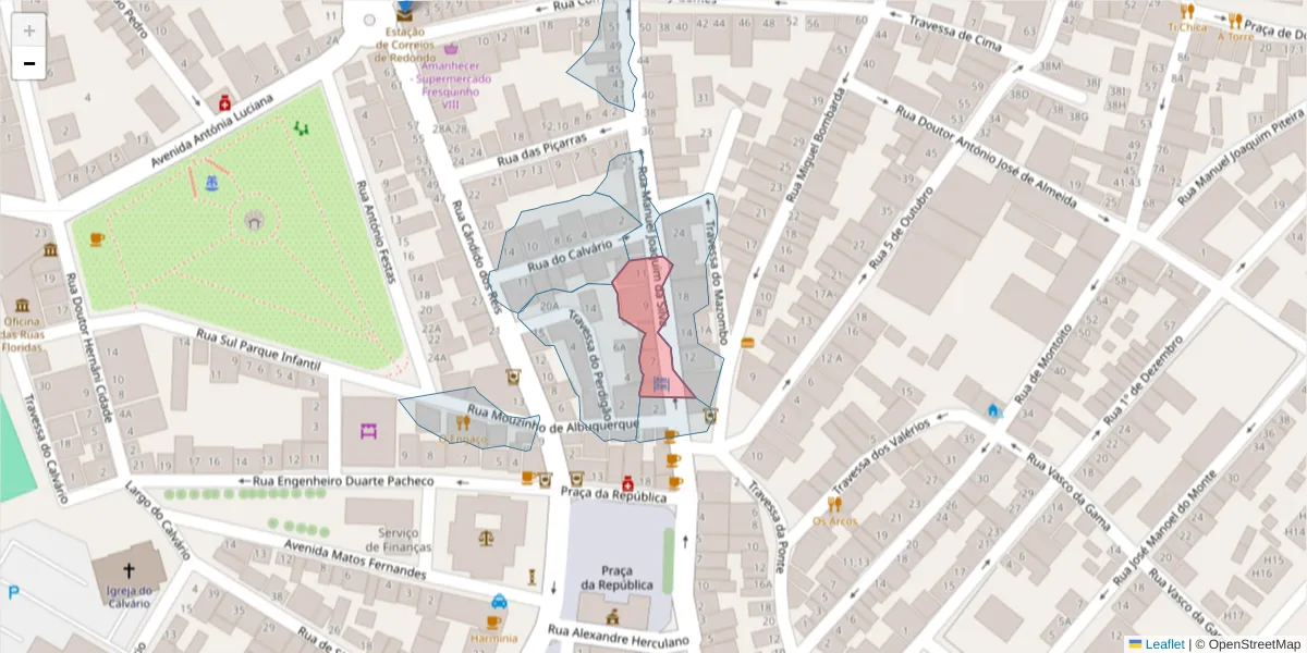 Mapa detalhado do código postal 7170-014 com limites, códigos postais vizinhos e agências dos correios