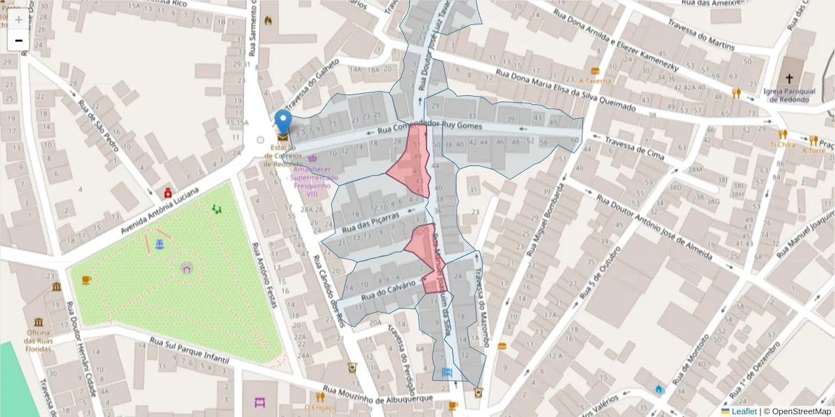 Mapa detalhado do código postal 7170-015 com limites, códigos postais vizinhos e agências dos correios