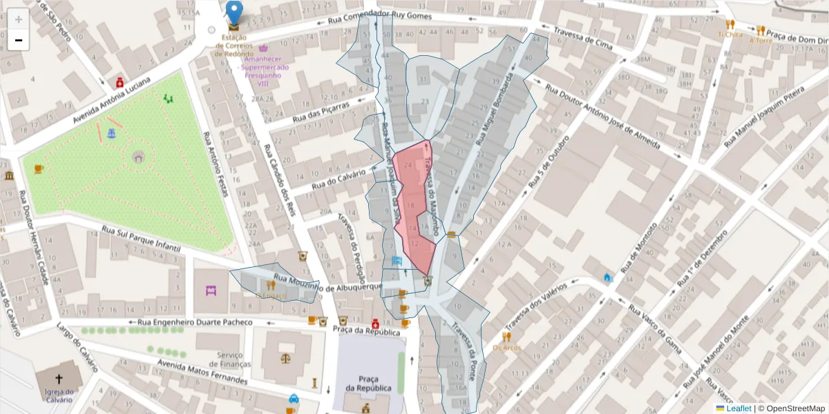 Mapa detalhado do código postal 7170-016 com limites, códigos postais vizinhos e agências dos correios
