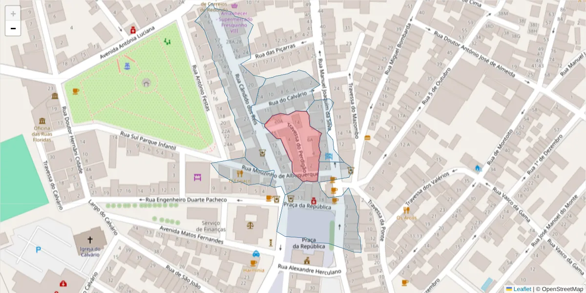 Mapa detalhado do código postal 7170-020 com limites, códigos postais vizinhos e agências dos correios