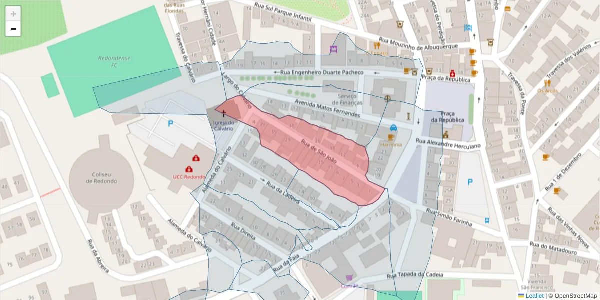 Mapa detalhado do código postal 7170-022 com limites, códigos postais vizinhos e agências dos correios