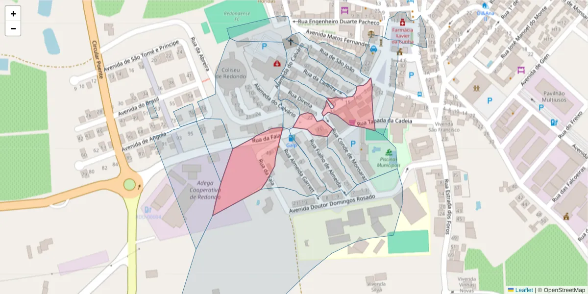 Mapa detalhado do código postal 7170-024 com limites, códigos postais vizinhos e agências dos correios