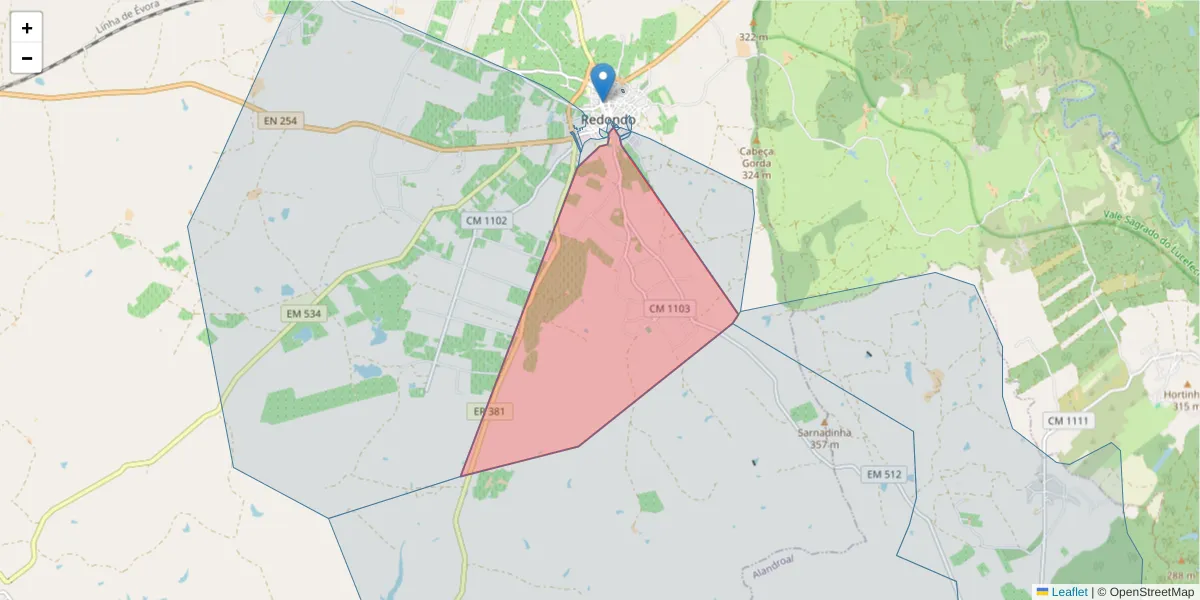 Mapa detalhado do código postal 7170-034 com limites, códigos postais vizinhos e agências dos correios