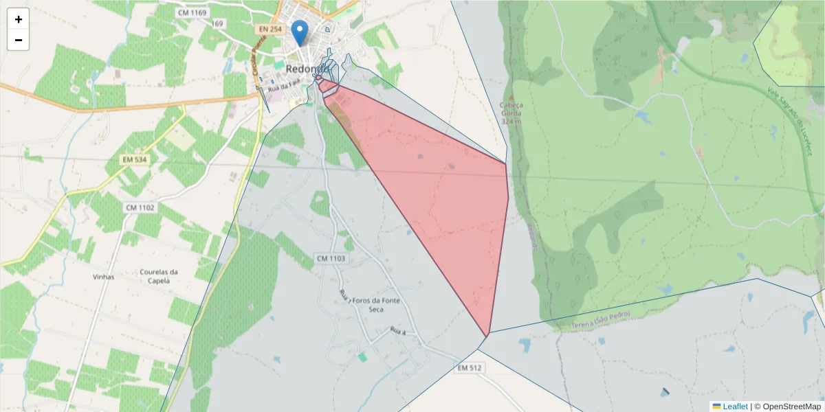 Mapa detalhado do código postal 7170-036 com limites, códigos postais vizinhos e agências dos correios