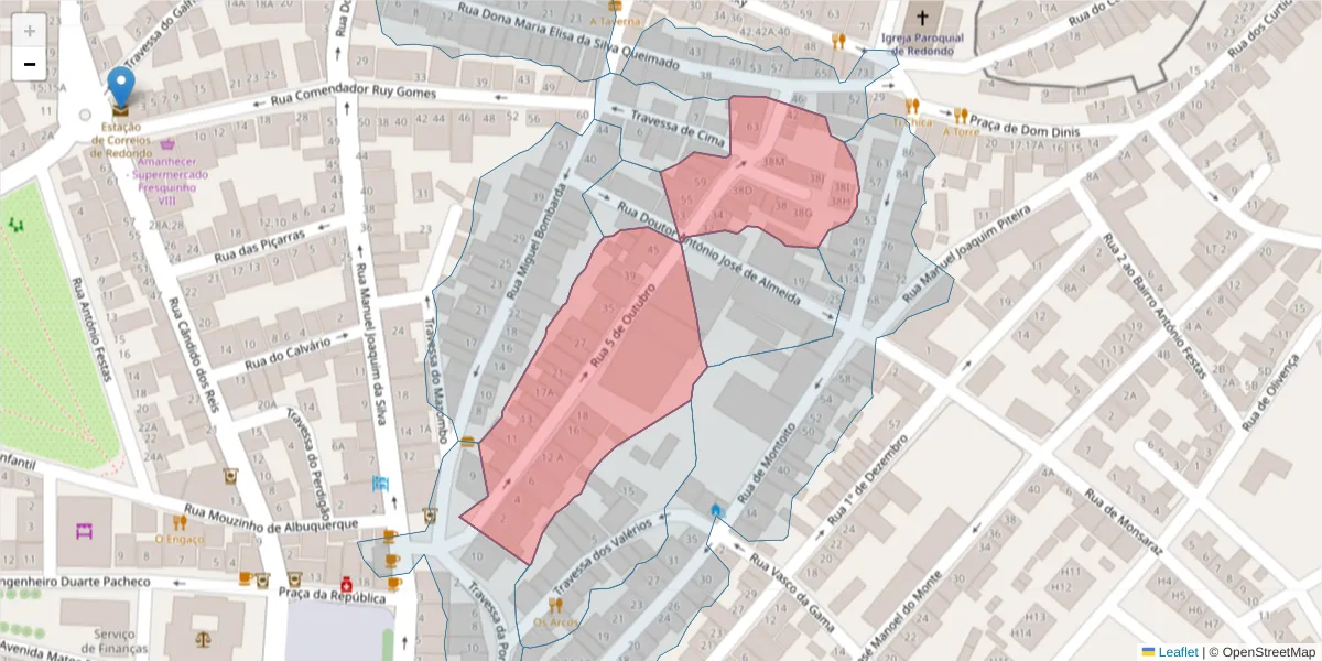 Mapa detalhado do código postal 7170-038 com limites, códigos postais vizinhos e agências dos correios
