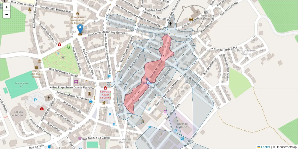 Mapa detalhado do código postal 7170-040 com limites, códigos postais vizinhos e agências dos correios