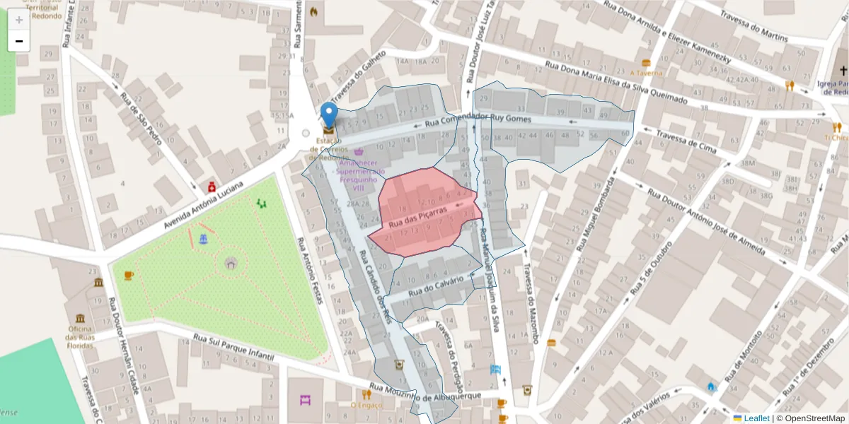 Mapa detalhado do código postal 7170-048 com limites, códigos postais vizinhos e agências dos correios