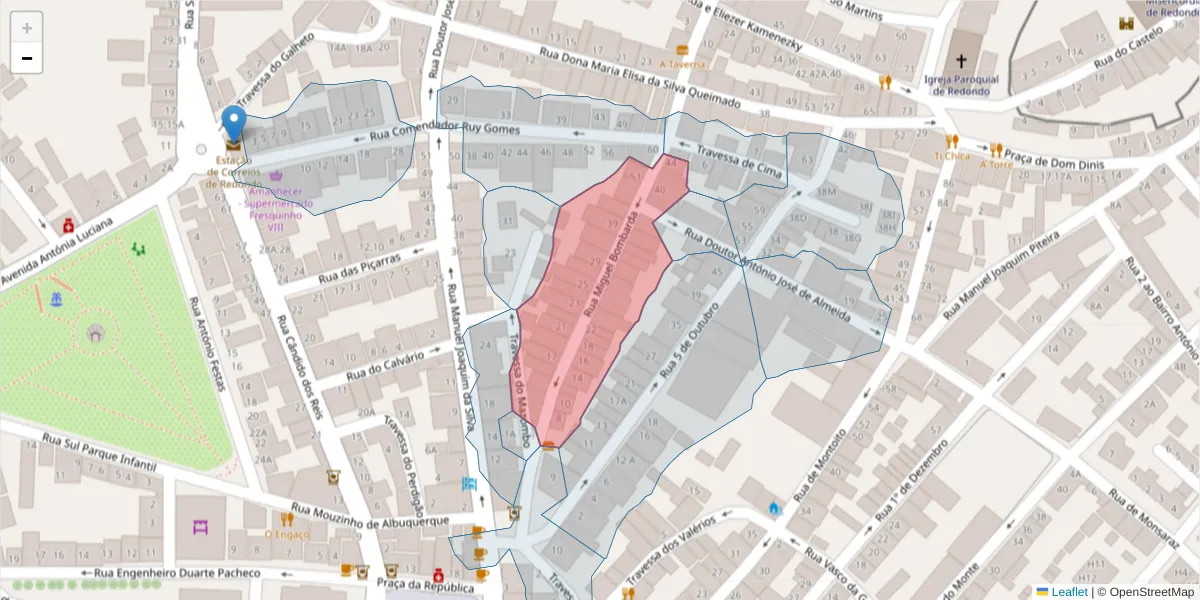 Mapa detalhado do código postal 7170-050 com limites, códigos postais vizinhos e agências dos correios