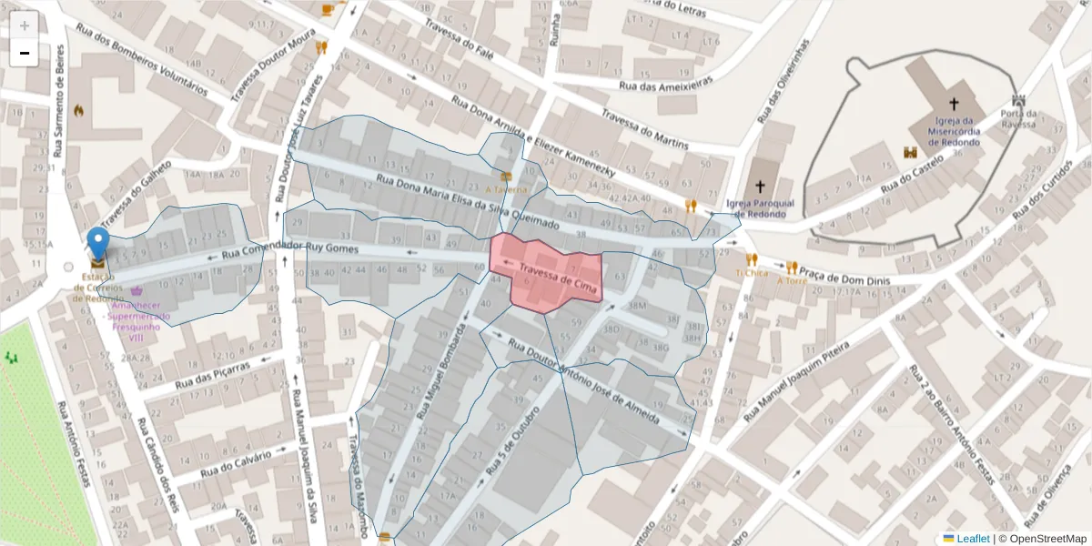 Mapa detalhado do código postal 7170-051 com limites, códigos postais vizinhos e agências dos correios