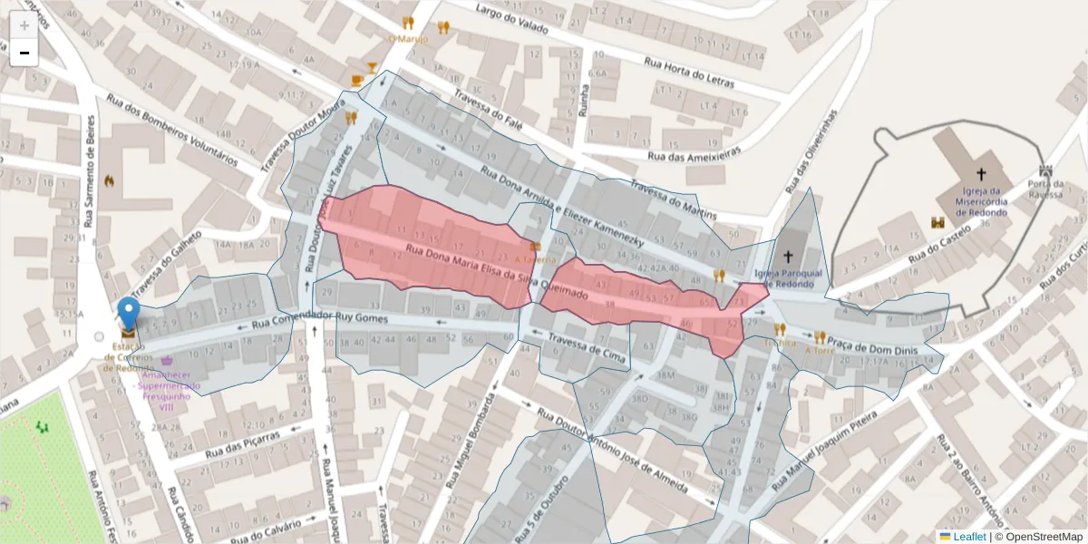 Mapa detalhado do código postal 7170-053 com limites, códigos postais vizinhos e agências dos correios