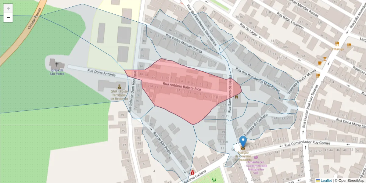 Mapa detalhado do código postal 7170-068 com limites, códigos postais vizinhos e agências dos correios