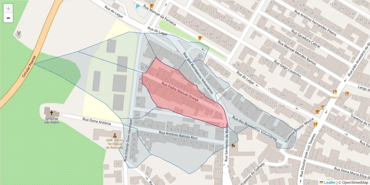 Mapa detalhado do código postal 7170-069 com limites, códigos postais vizinhos e agências dos correios