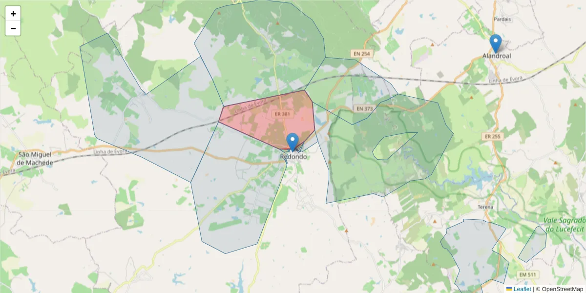 Mapa detalhado do código postal 7170-072 com limites, códigos postais vizinhos e agências dos correios