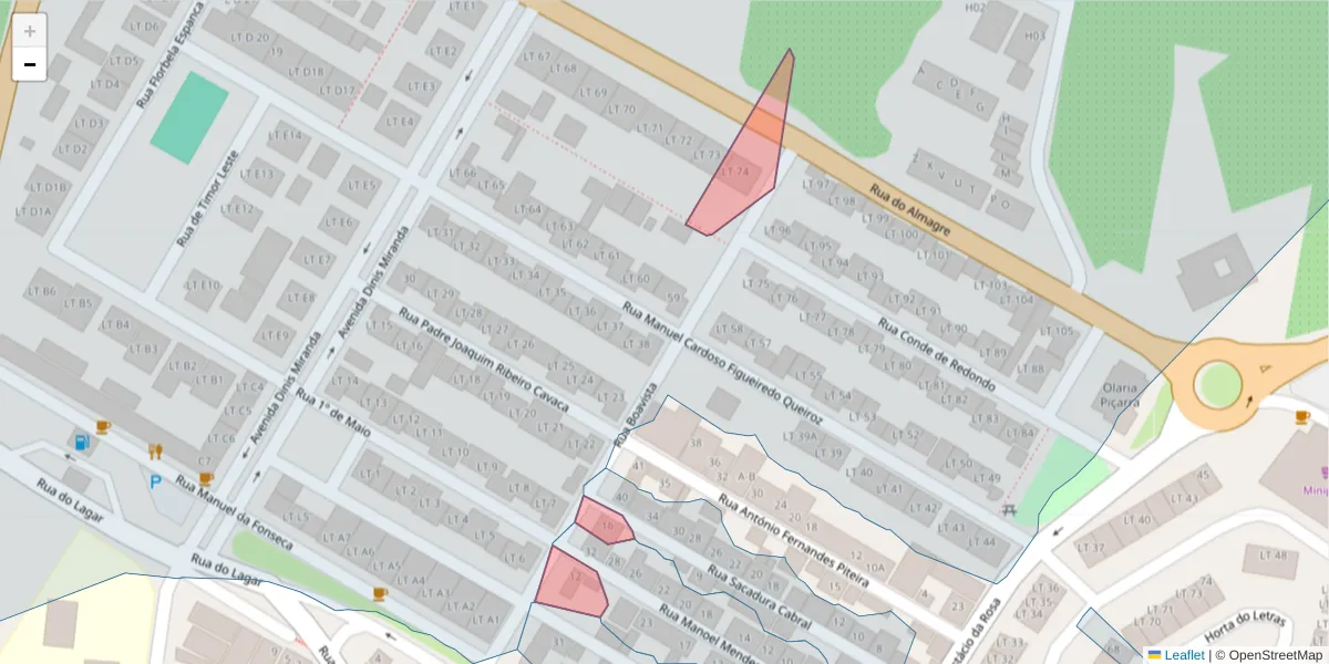 Mapa detalhado do código postal 7170-073 com limites, códigos postais vizinhos e agências dos correios