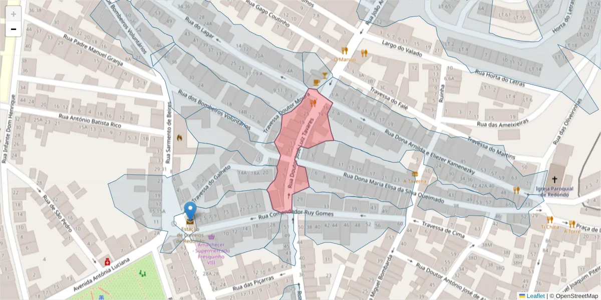 Mapa detalhado do código postal 7170-075 com limites, códigos postais vizinhos e agências dos correios