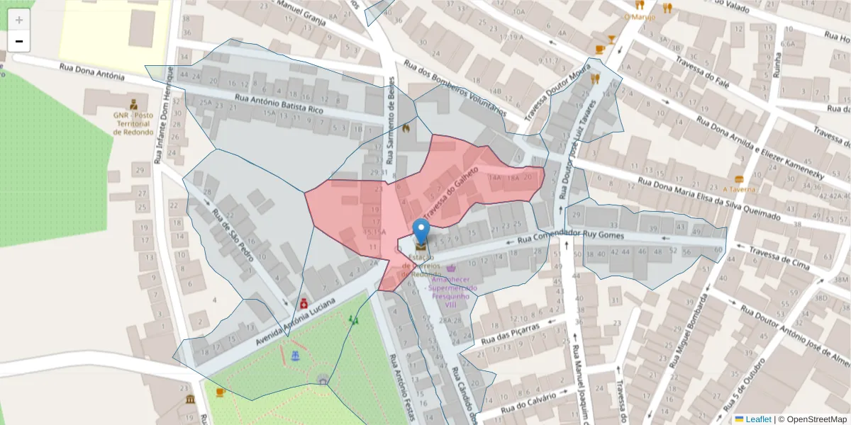 Mapa detalhado do código postal 7170-076 com limites, códigos postais vizinhos e agências dos correios