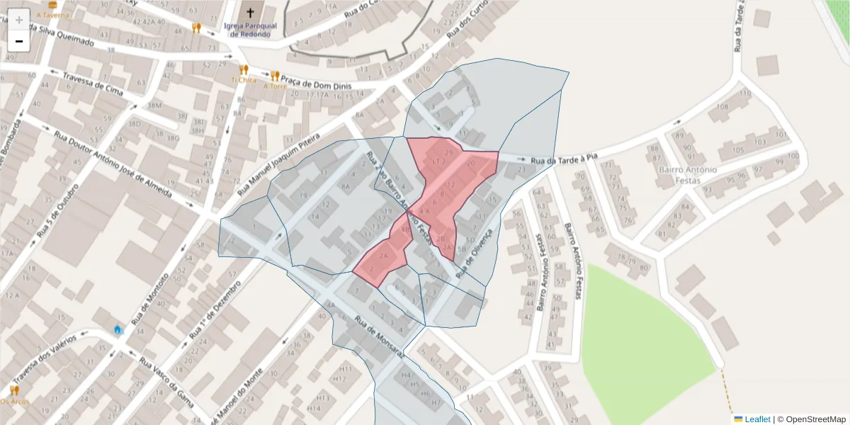 Mapa detalhado do código postal 7170-084 com limites, códigos postais vizinhos e agências dos correios