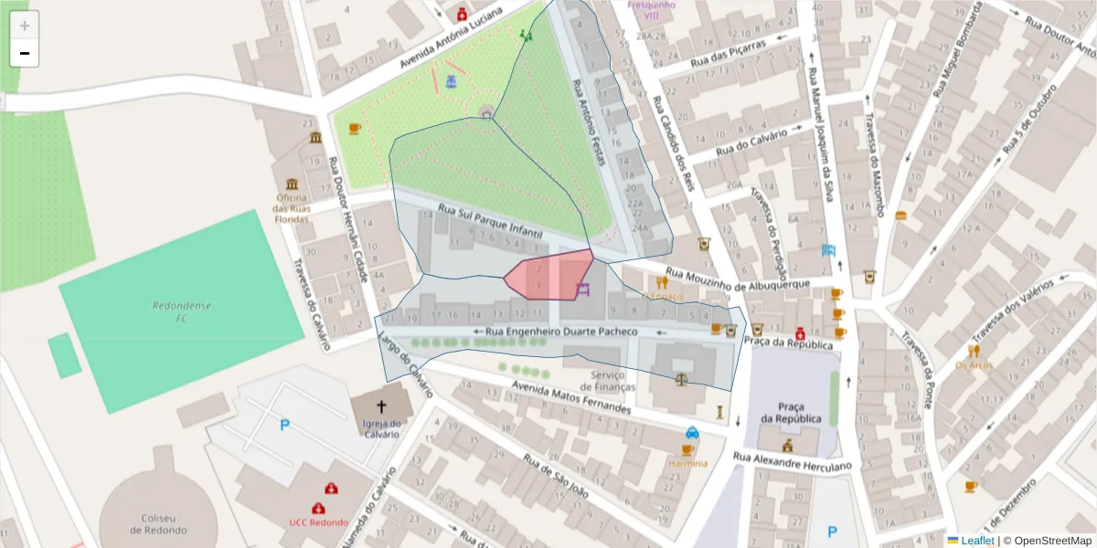 Mapa detalhado do código postal 7170-124 com limites, códigos postais vizinhos e agências dos correios