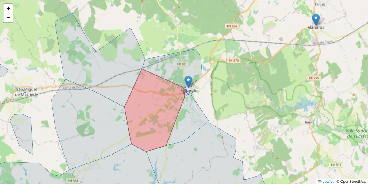 Mapa detalhado do código postal 7170-131 com limites, códigos postais vizinhos e agências dos correios