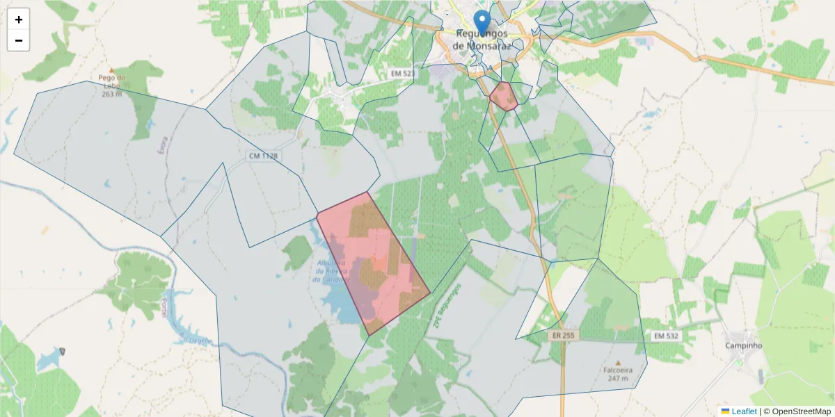 Mapa detalhado do código postal 7200-000 com limites, códigos postais vizinhos e agências dos correios